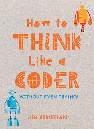 Book cover with orange text, robots, and a textured beige background.