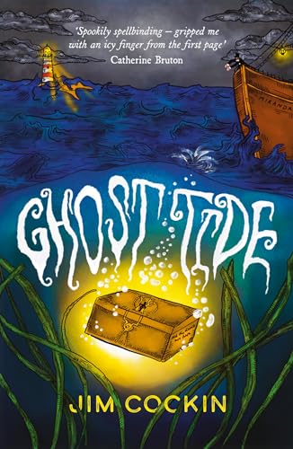Book cover: "Ghost Tide" with a treasure chest, ship, and lighthouse illustration.