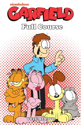 Garfield, Jon, Odie, Arlene, and Nermal on a red dotted cover.