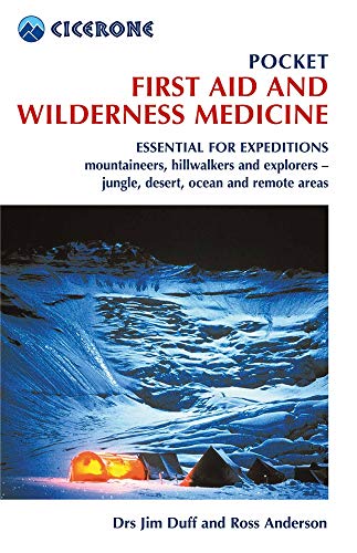 Book cover: “Pocket First Aid and Wilderness Medicine” with snowy mountain scene.