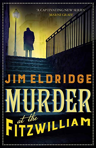 Book cover: “Murder at the Fitzwilliam” with a figure on stairs.