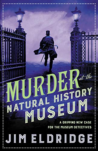 Book cover: man with umbrella outside a museum gate, title “Murder at the Natural History Museum.”