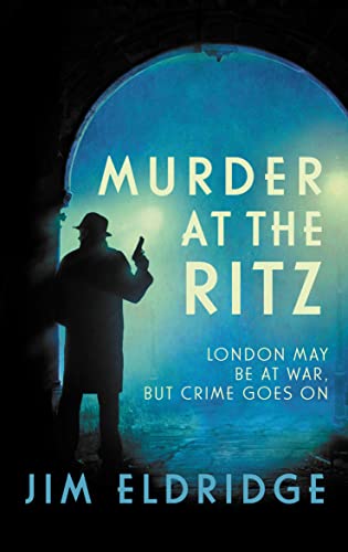 Book cover: shadowy figure with gun, title “Murder at the Ritz.”
