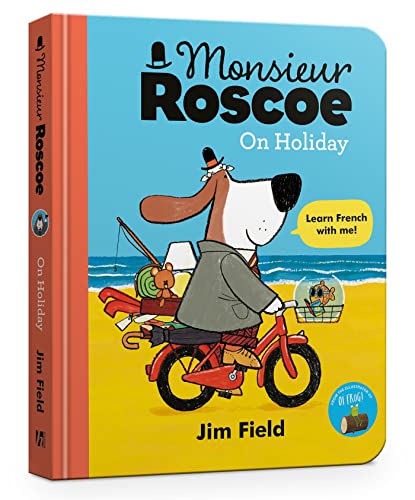 Board book cover featuring a dog riding a bicycle at the beach.