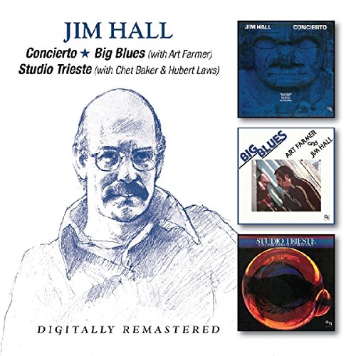 A blue ink sketch of Jim Hall next to three album covers.
