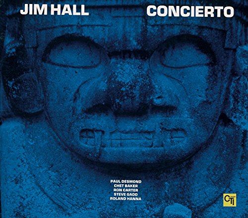 Album cover featuring a blue-tinted stone sculpture face with text Jim Hall Concierto.