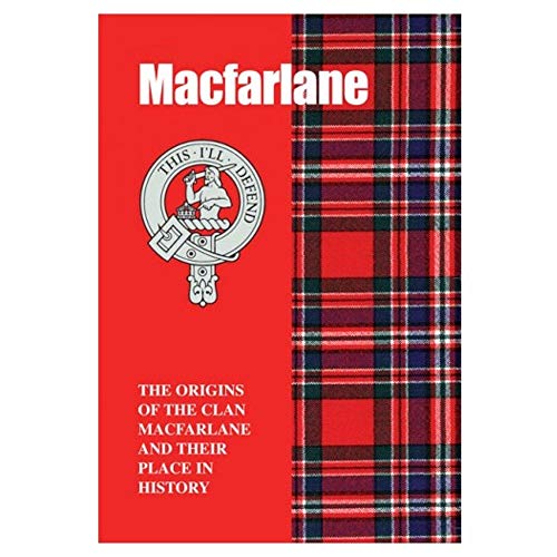Book cover: red background, tartan pattern, clan crest, and title "MacFarlane".