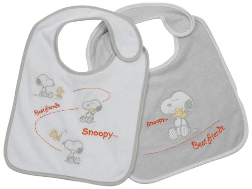 Two white and gray baby bibs with embroidered Snoopy and Woodstock designs.