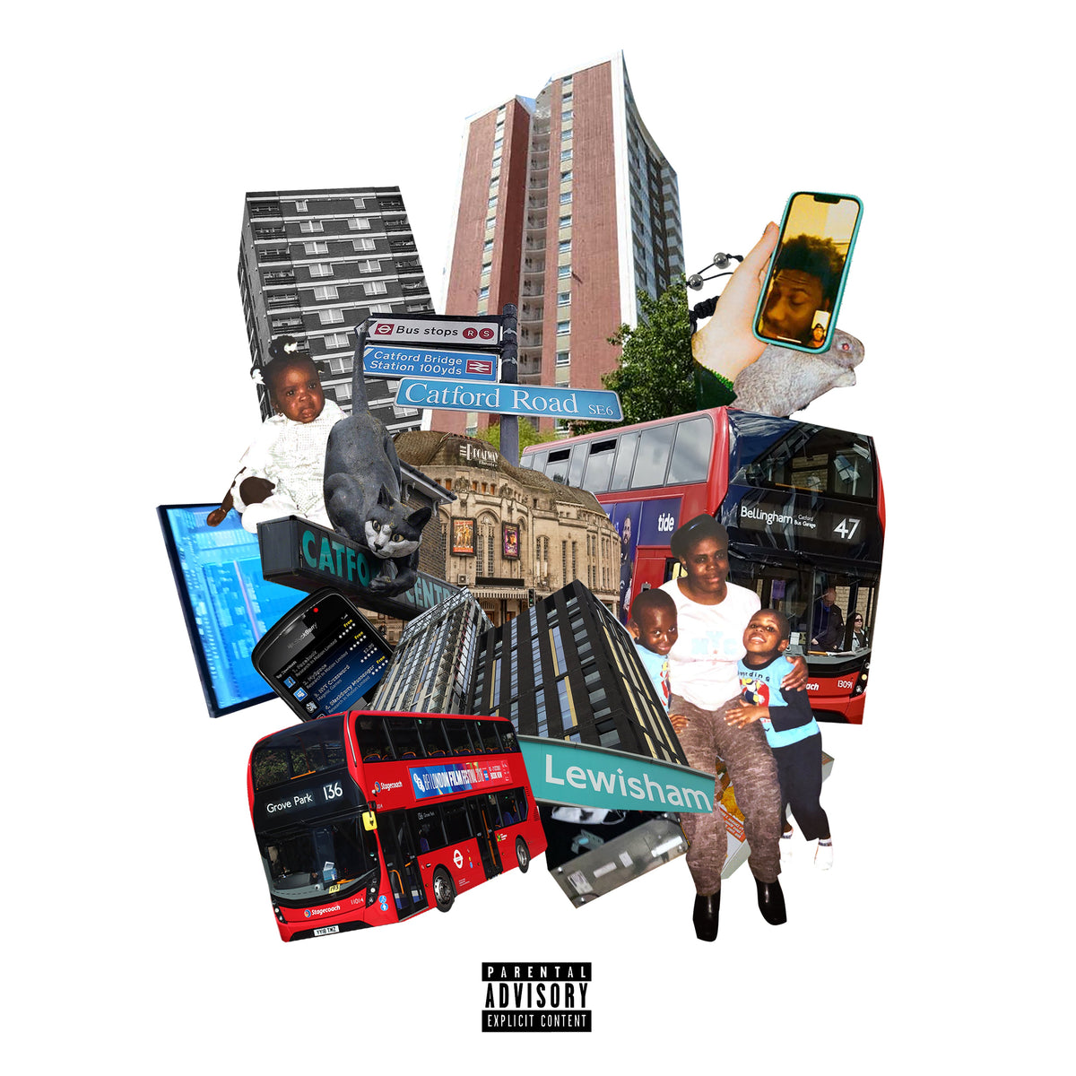 Collage featuring people, London buses, buildings, and street signs.