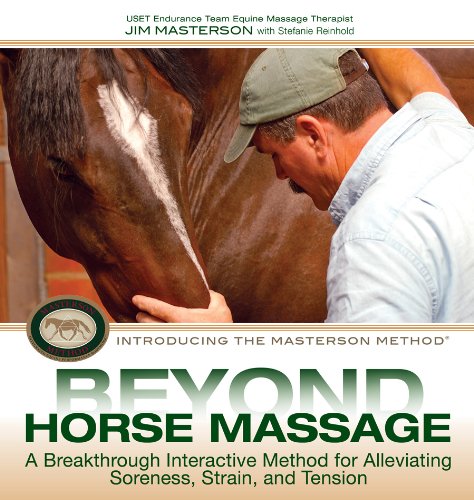 A man in a cap performs massage on a horse's neck.