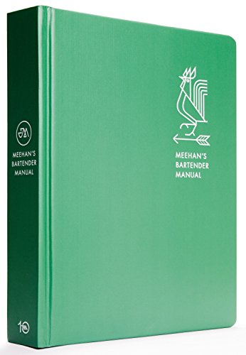 A green hardcover book titled Meehan's Bartender Manual with a white rooster logo.