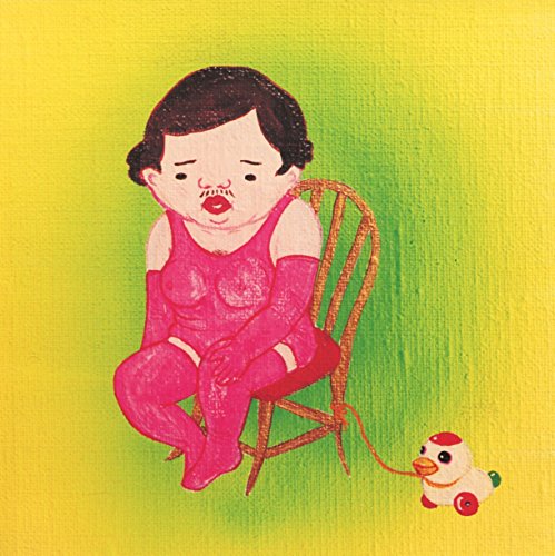 Painting of a person in pink, seated with a toy duck.