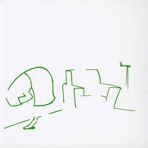 Minimalist green line drawing of a figure and chairs on a white background.