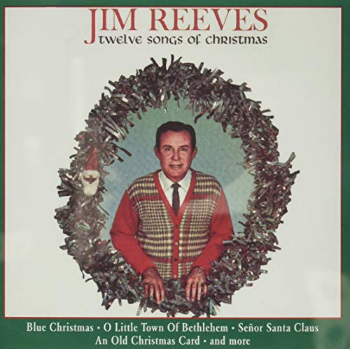 Jim Reeves wearing a sweater vest inside a tinsel wreath on a Christmas album cover.