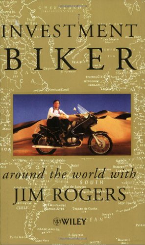 Book cover: man on motorcycle in desert with world map background.