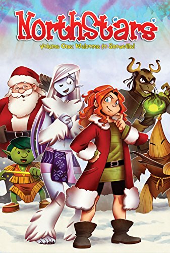 Comic book cover featuring diverse fantasy characters in a snowy town.