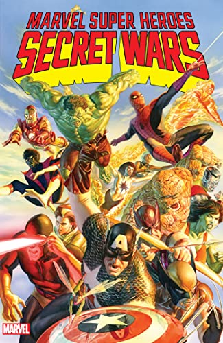 Cover of "Secret Wars" comic featuring many Marvel superheroes in action.