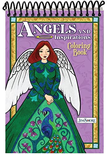 Spiral-bound coloring book cover featuring an angel with a peacock design.