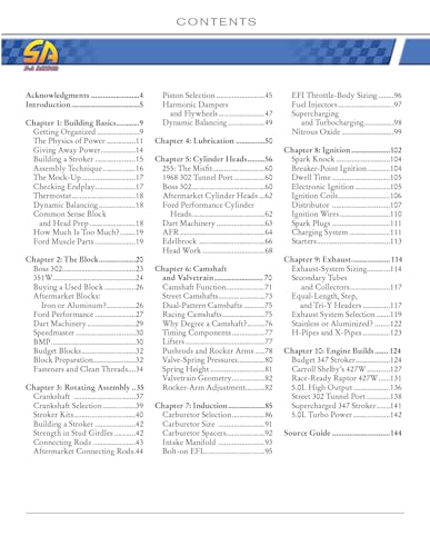 Book cover displaying a table of contents for Ford engine building.