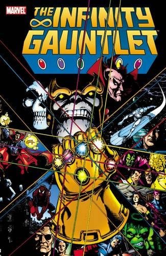 Comic book cover featuring Thanos with the Infinity Gauntlet and colorful gems.