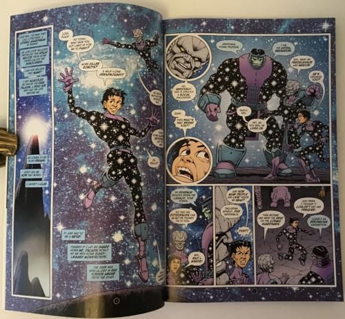 Open comic book pages depict Kid Kosmos and villains in space.
