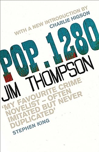 Book cover of Pop. 1280 by Jim Thompson with blue textured lettering on white.