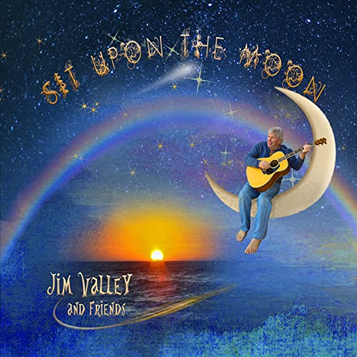 CD cover: man with guitar sitting on a crescent moon.