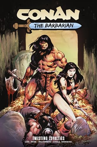 Conan and a woman stand over a defeated foe amidst treasure in this comic cover.