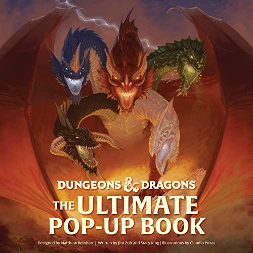 Five colorful dragons emerge from a fiery, pop-up book cover.