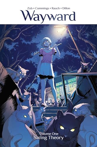 Comic book cover: girl with glowing sword, surrounded by cats, nighttime scene.