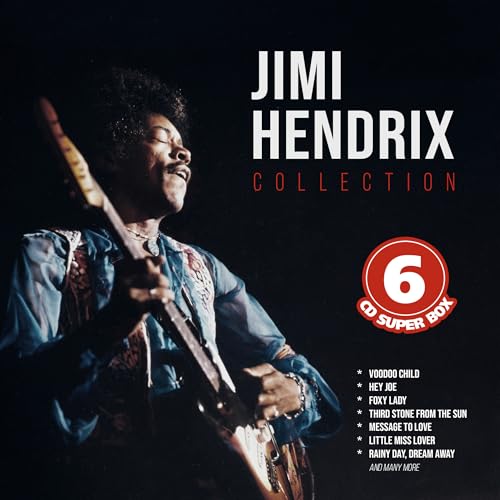 Jimi Hendrix playing guitar, album cover for a 6-CD collection.