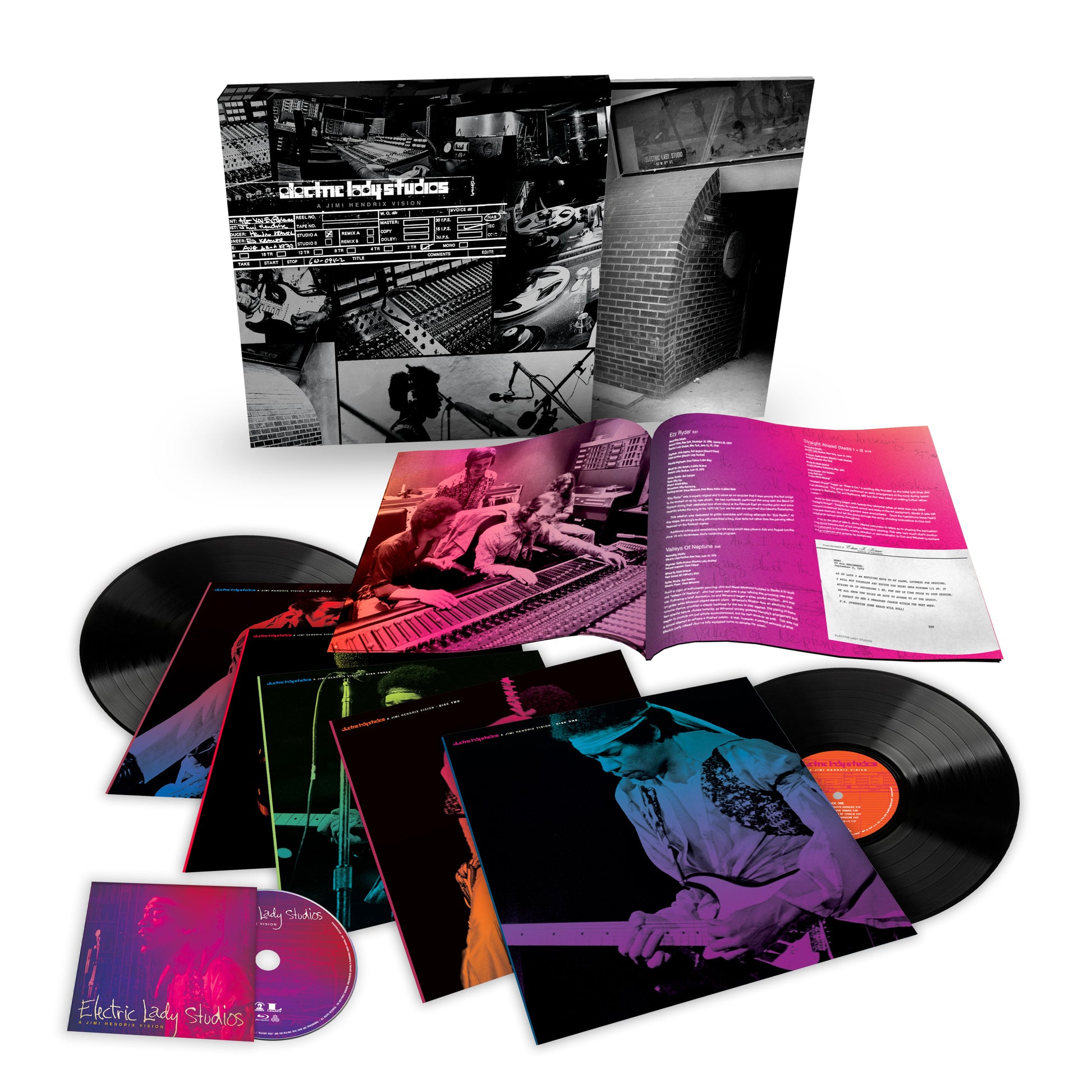 Jimi Hendrix "Electric Lady Studios" vinyl record, packaging, and booklet displayed.