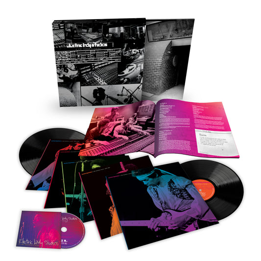 Jimi Hendrix "Electric Lady Studios" vinyl record, packaging, and booklet displayed.