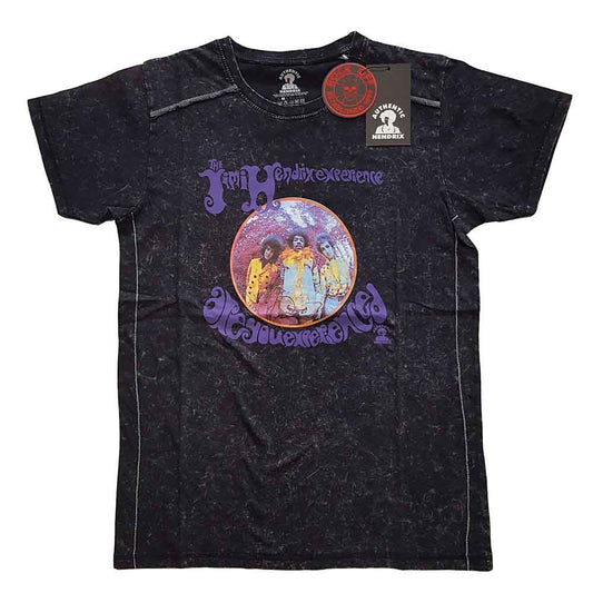 Man wearing a black, washed Jimi Hendrix Experience logo t-shirt.