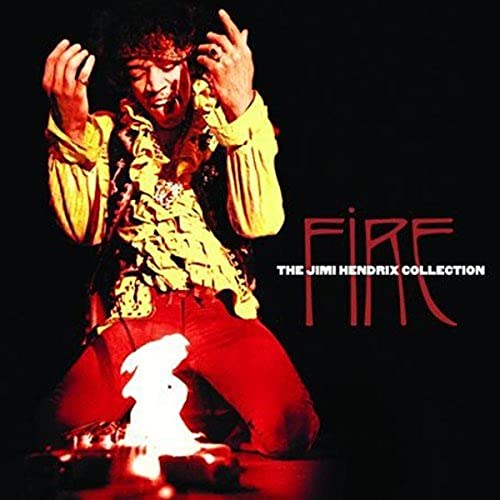 Jimi Hendrix performing with flames, album cover for “Fire” collection.