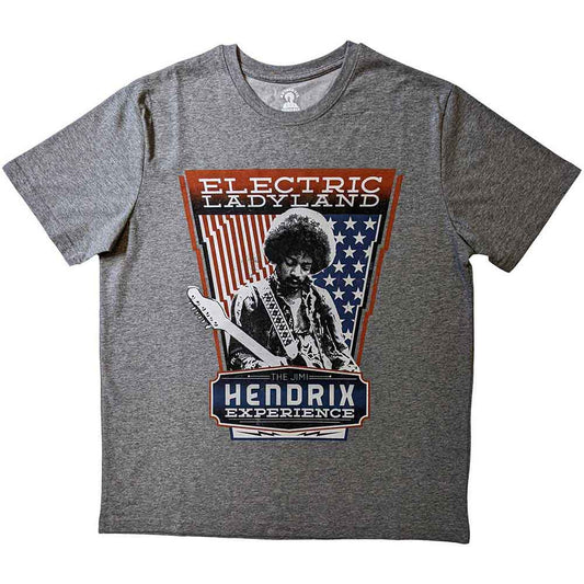 Grey t-shirt with a graphic of Jimi Hendrix playing guitar.