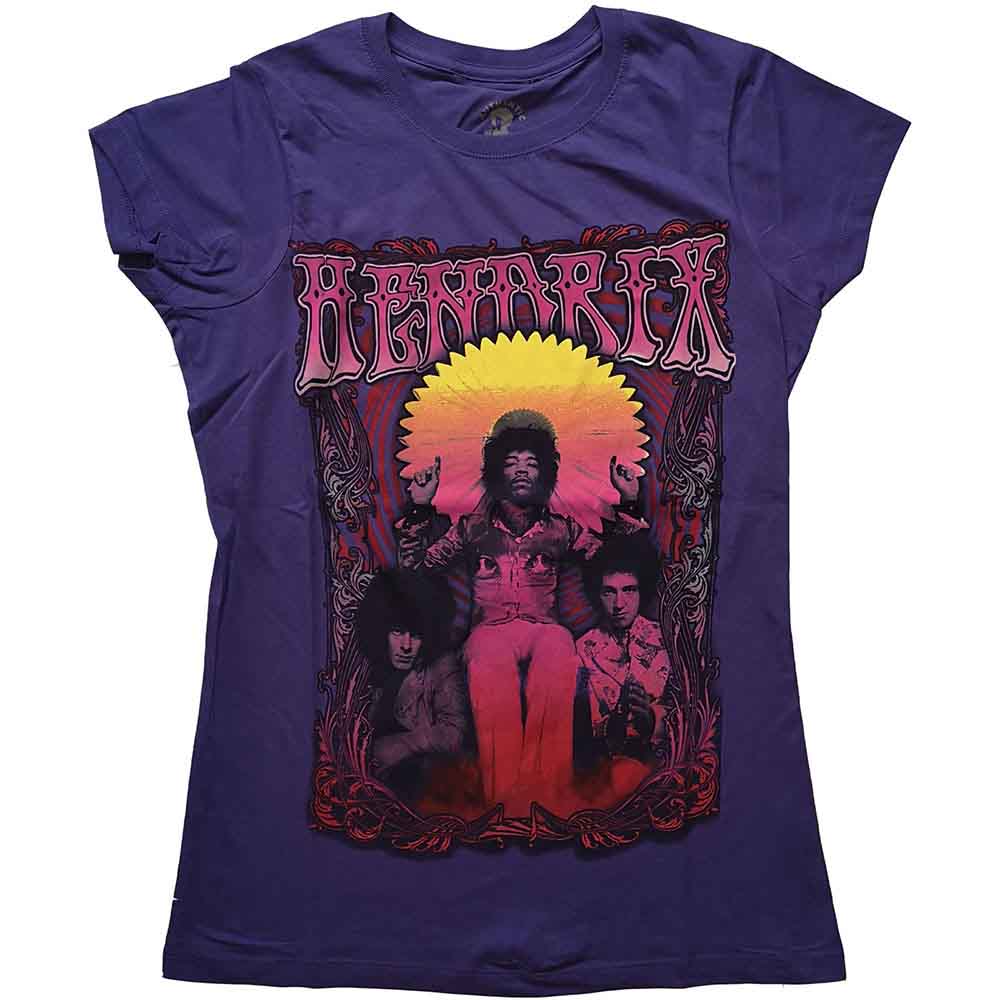 Purple women's t-shirt featuring a Jimi Hendrix graphic with a sunburst background.