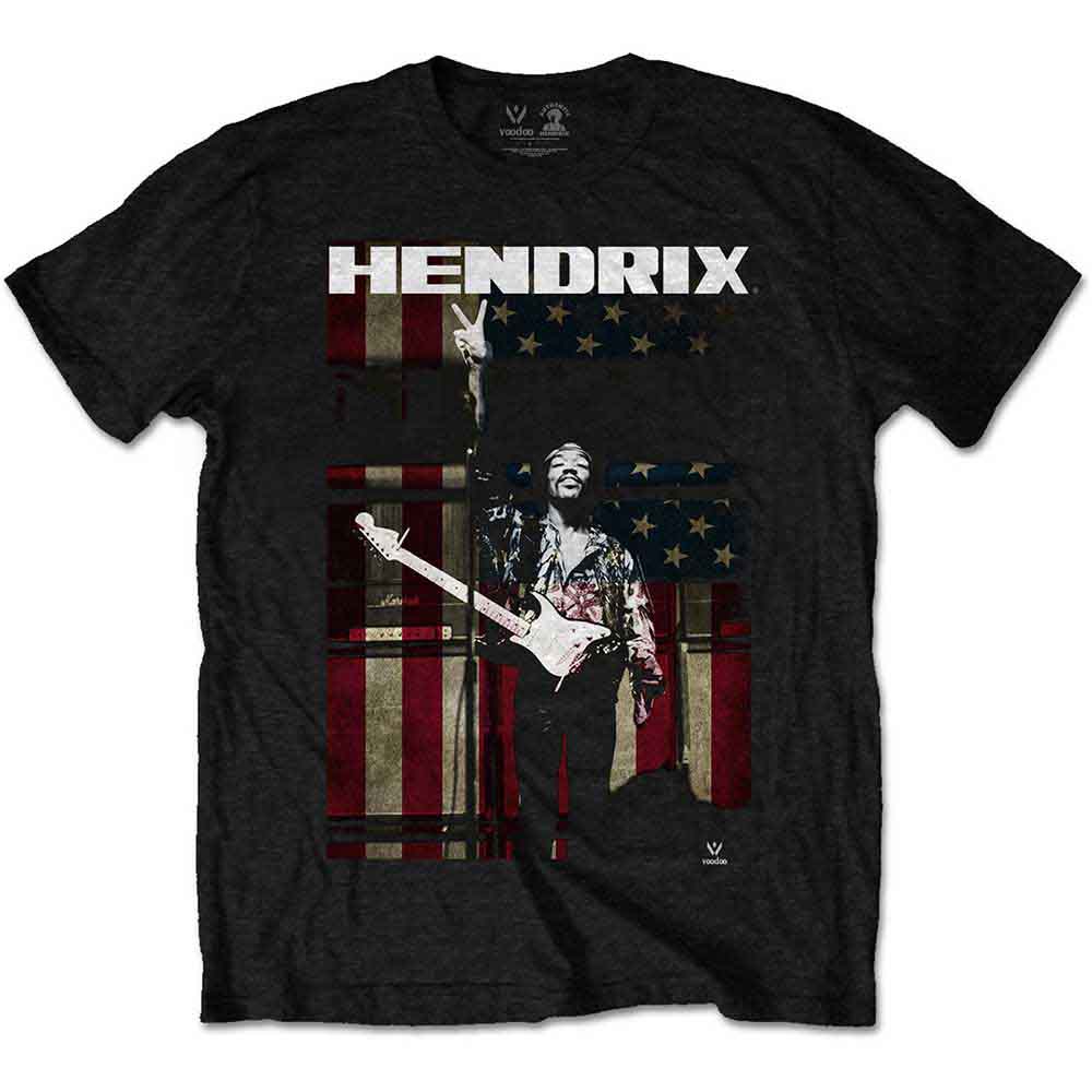 Colorful t-shirt featuring Jimi Hendrix’s peace flag design, sized for a 9-10 year old.