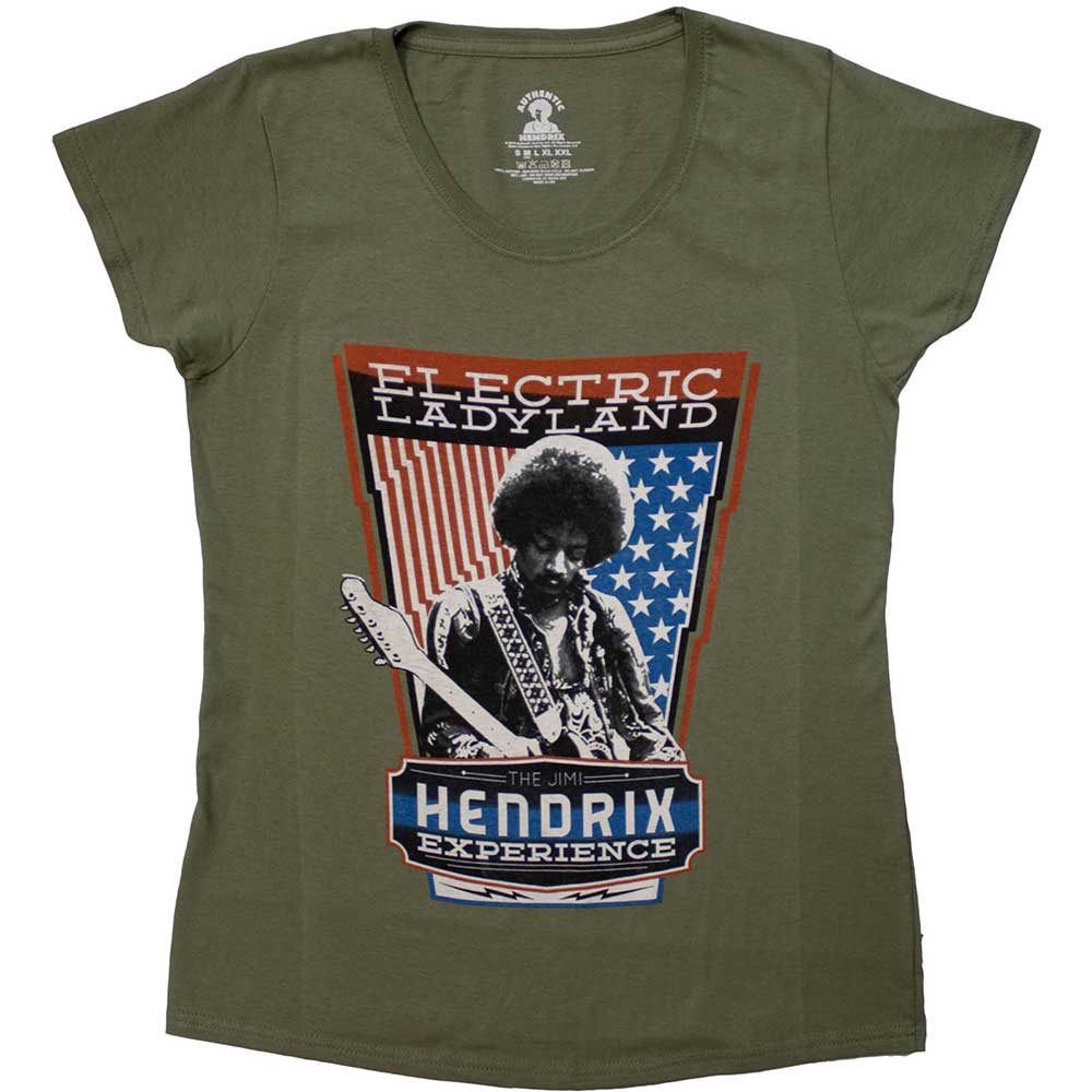 Green women's scoop neck t-shirt with Jimi Hendrix graphic.