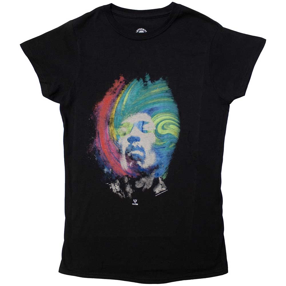 Woman wearing a black t-shirt with a colorful, galaxy-style graphic of Jimi Hendrix.