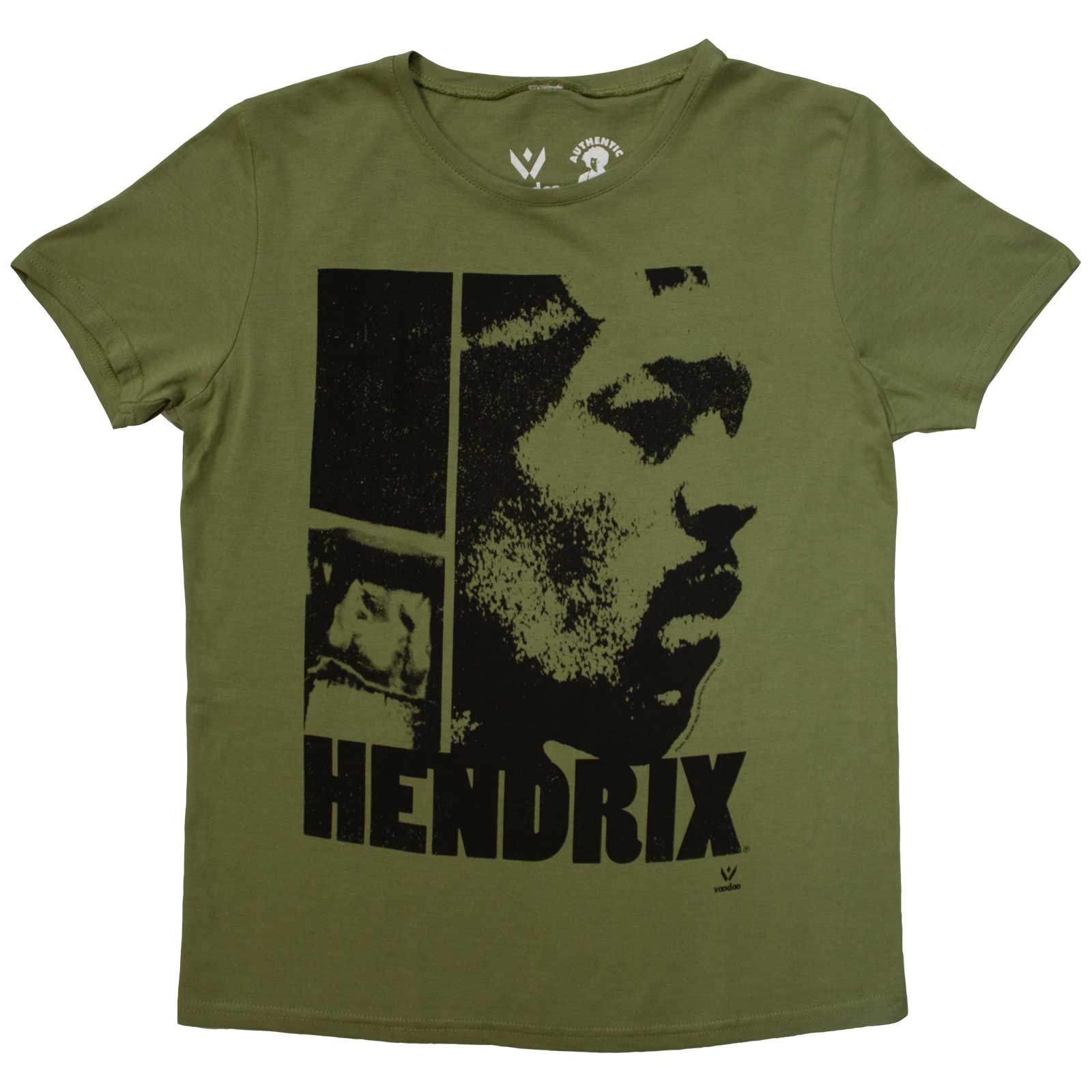 Woman wearing a green t-shirt with a black and white Jimi Hendrix graphic.