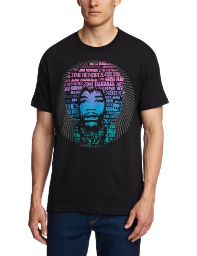 Black t-shirt with a colorful portrait of Jimi Hendrix and text.