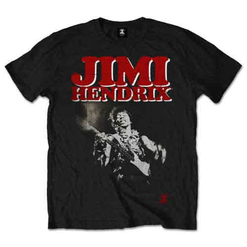Black t-shirt with red and white Jimi Hendrix graphic, worn by a man.