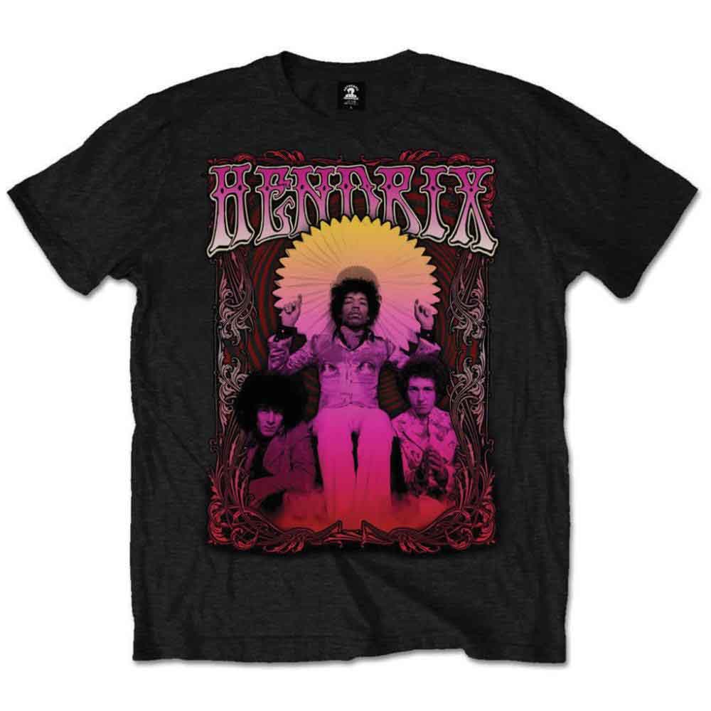 A man wearing a black t-shirt with a Jimi Hendrix graphic print.
