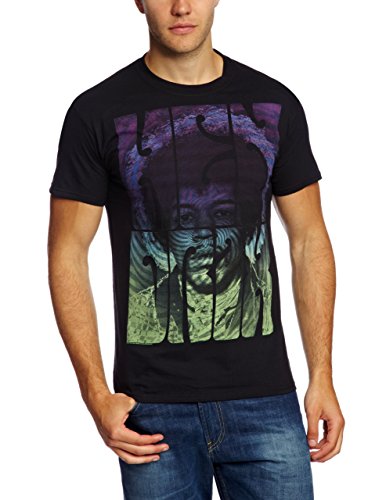 Man wearing a black t-shirt with a colorful Jimi Hendrix graphic and swirly text.