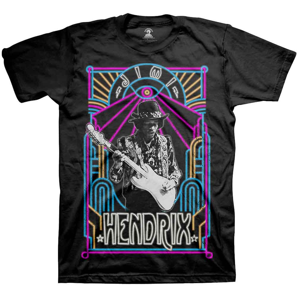 Black t-shirt with a neon graphic of Jimi Hendrix playing guitar.