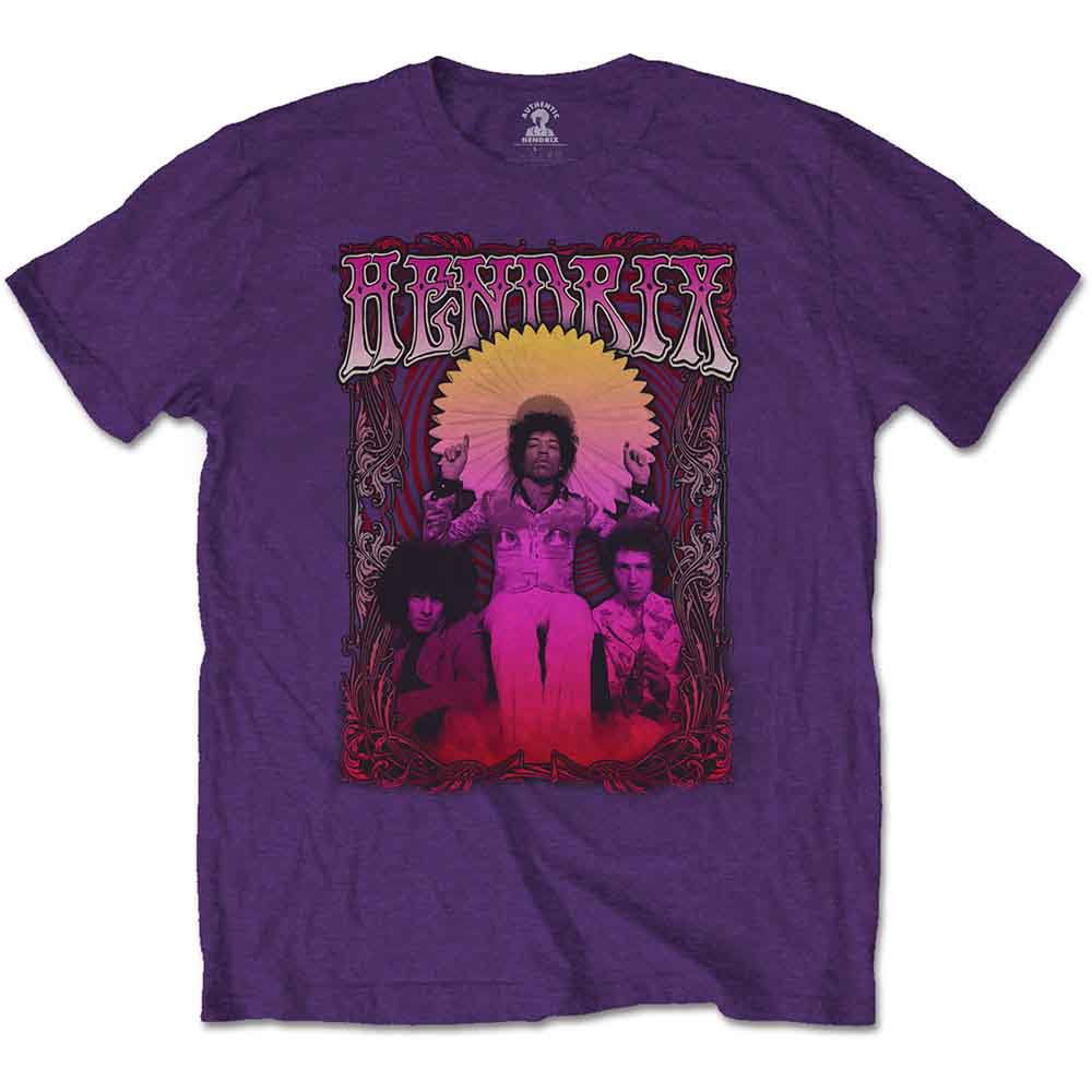 A black unisex t-shirt featuring a portrait of Jimi Hendrix by photographer Karl Ferris.