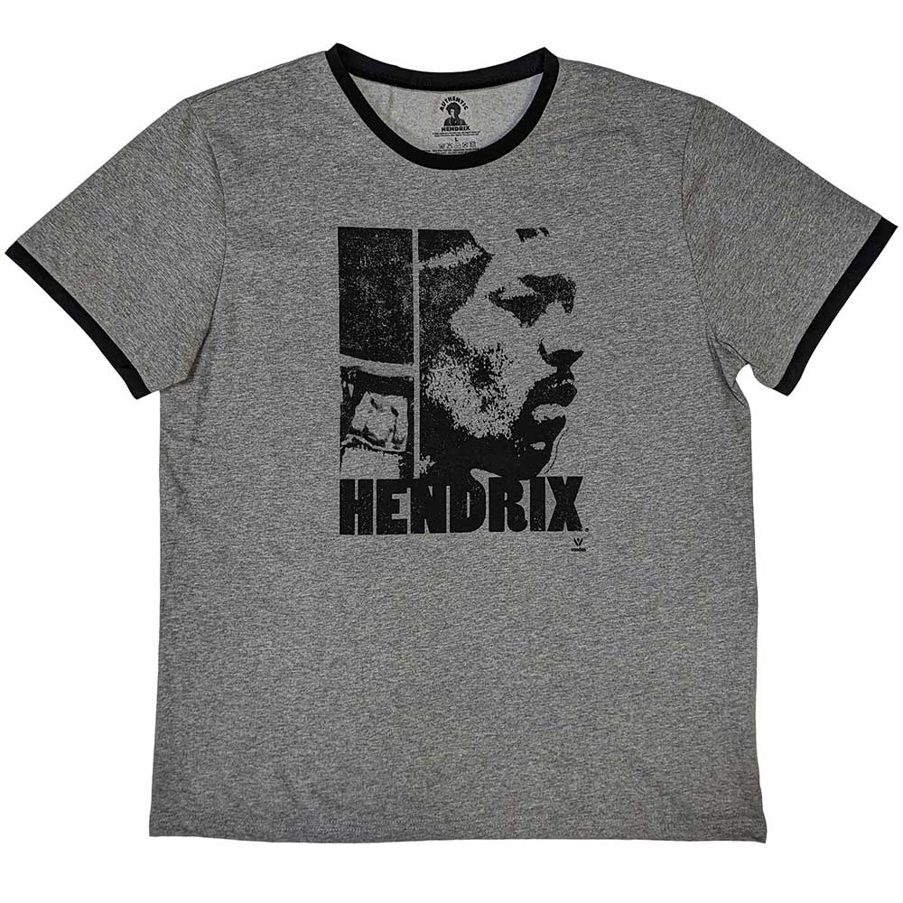 Unisex white ringer t-shirt featuring a Jimi Hendrix graphic print with black trim.