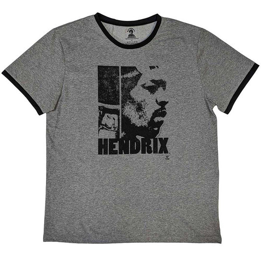 Unisex white ringer t-shirt featuring a Jimi Hendrix graphic print with black trim.