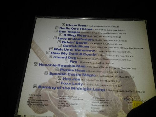 CD back cover with tracklist and image of Jimi Hendrix playing guitar.